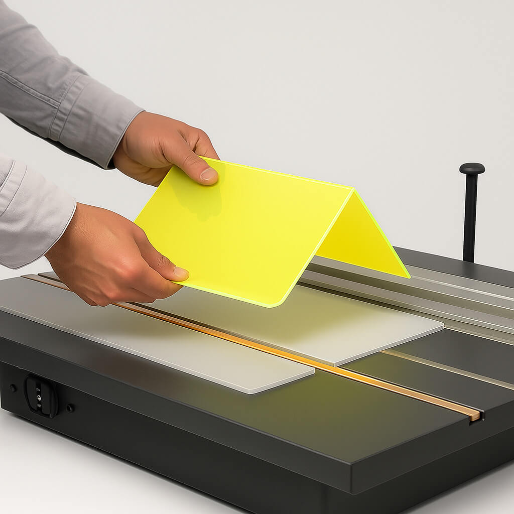 Thermal line bending of yellow plastic sheet