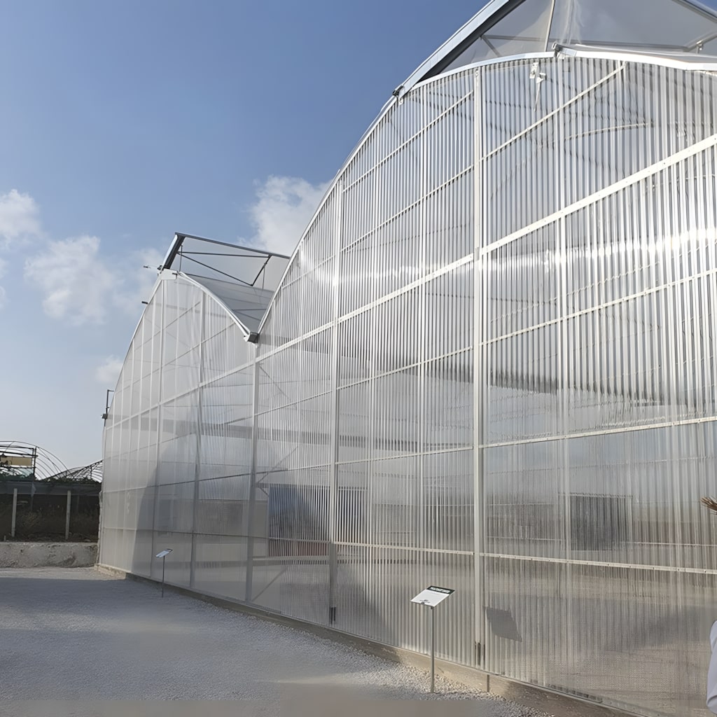 Industrial greenhouse covered with trapezoidal solid polycarbonate cladding panels