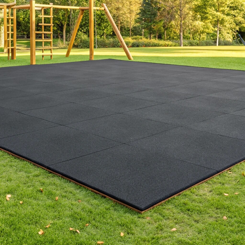 Black rubber mat for playground on the grass