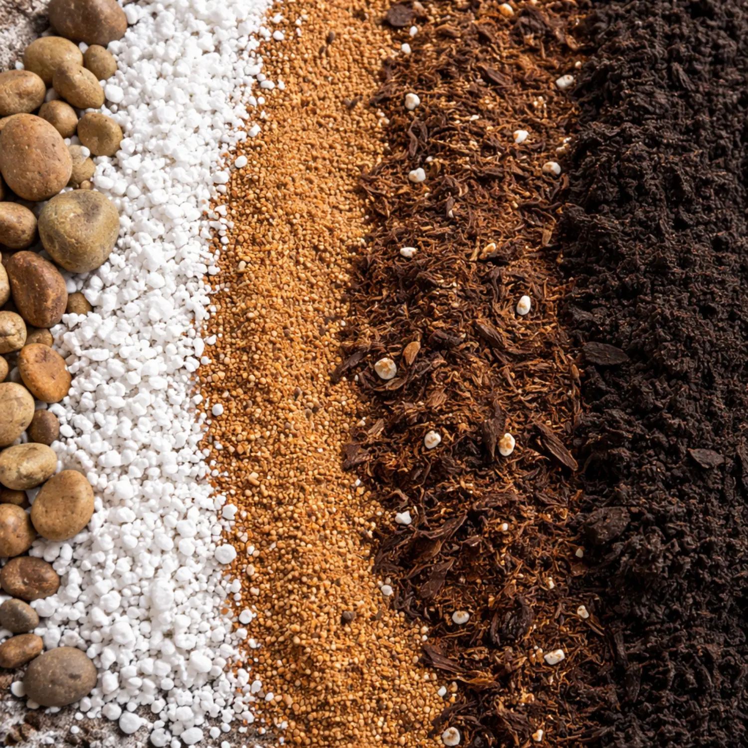 Different soil ingredients for plants including perlite, sand, potting mix, and peat