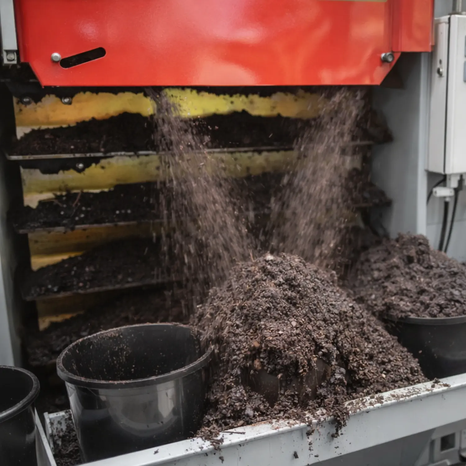 Close-up of an automated potting machine filling plant pots with soil during the potting process