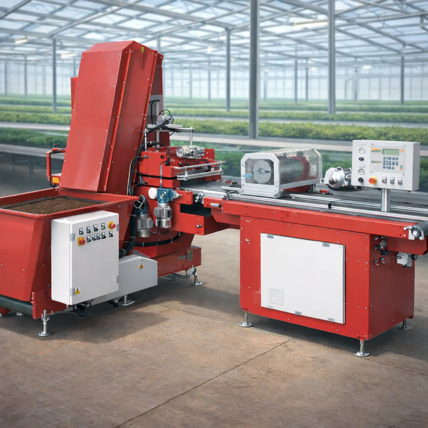 Automated seedling line machine operating in a modern industrial greenhouse environment.