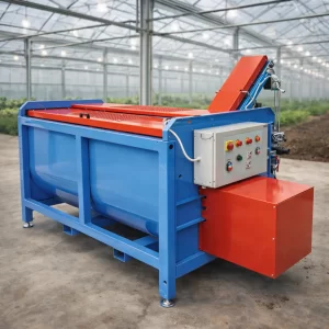 Soil mixer installed inside a modern industrial greenhouse for preparing growing media