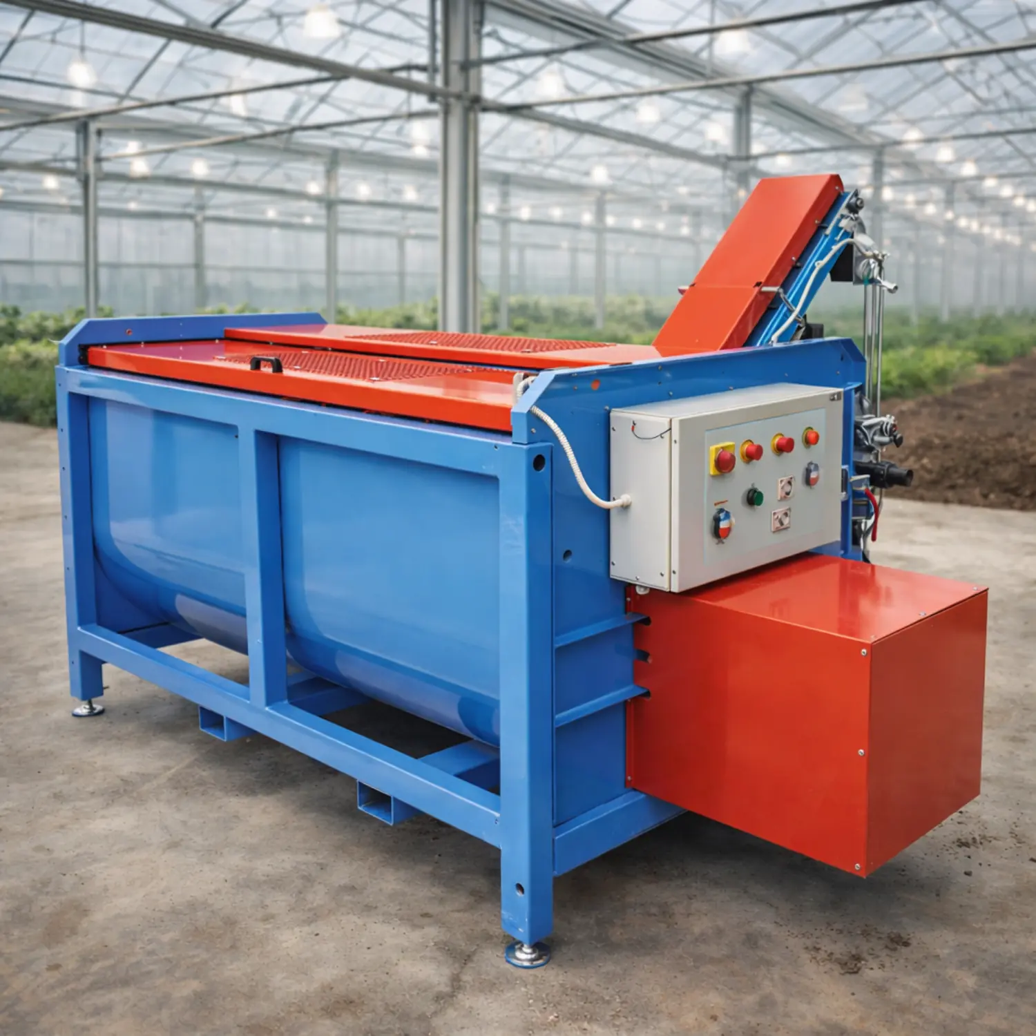 Soil mixer installed inside a modern industrial greenhouse for preparing growing media