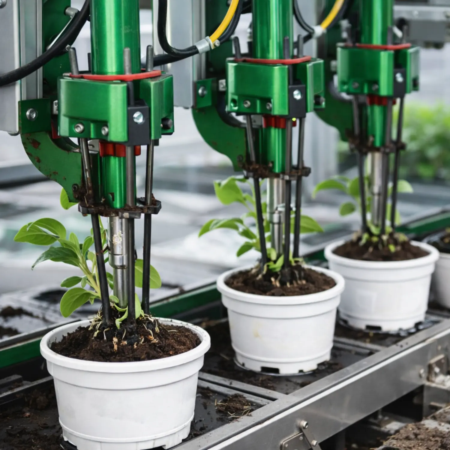 Automated transplanter operating inside an industrial greenhouse during active plant transfer