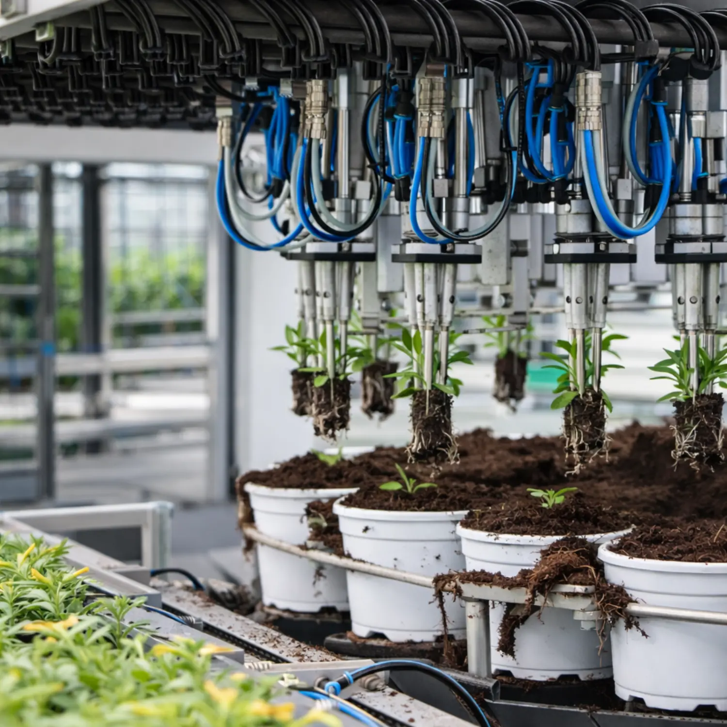 Transplanter system working as part of an automated greenhouse production line