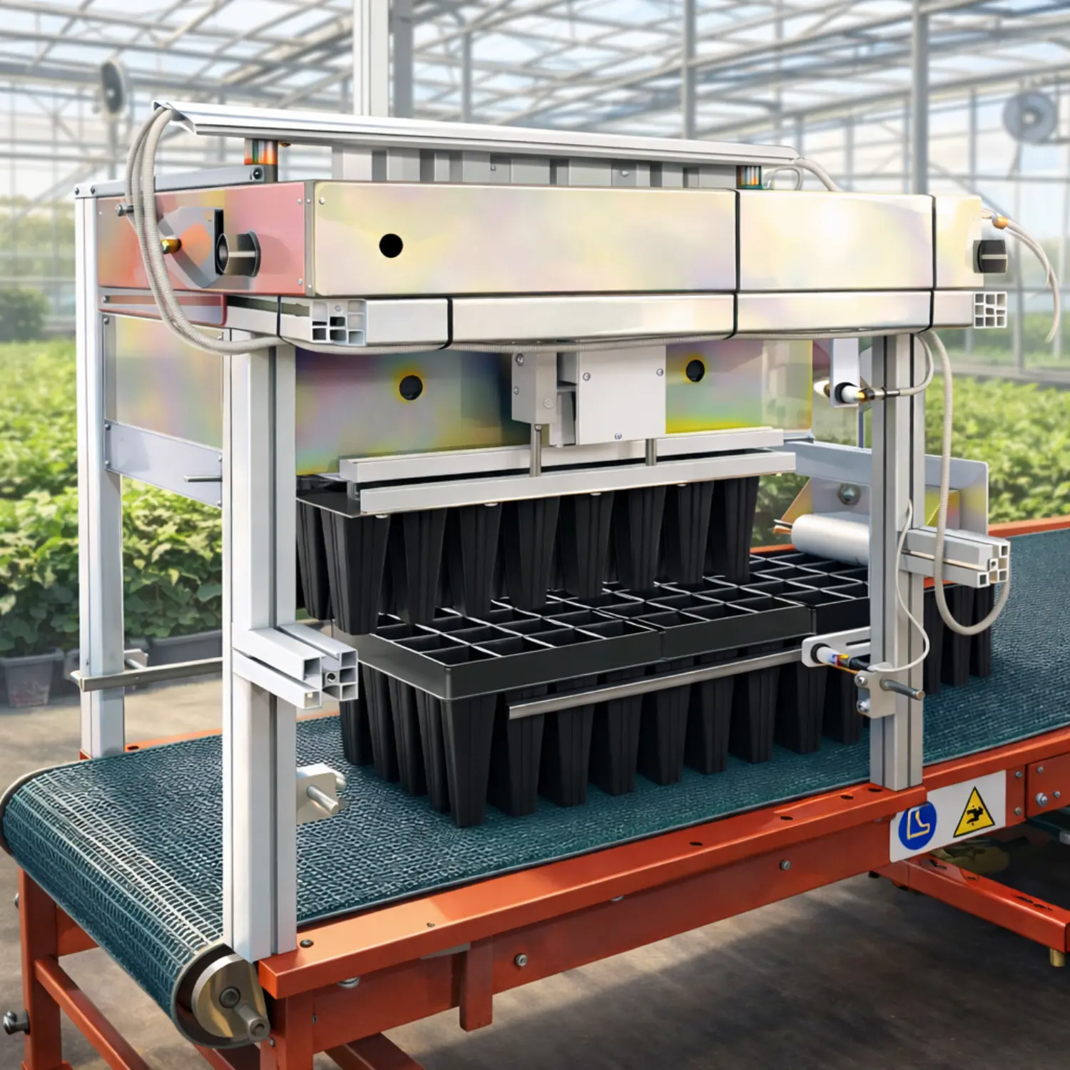 Tray destacker machine operating and separating trays automatically in an industrial greenhouse environment.
